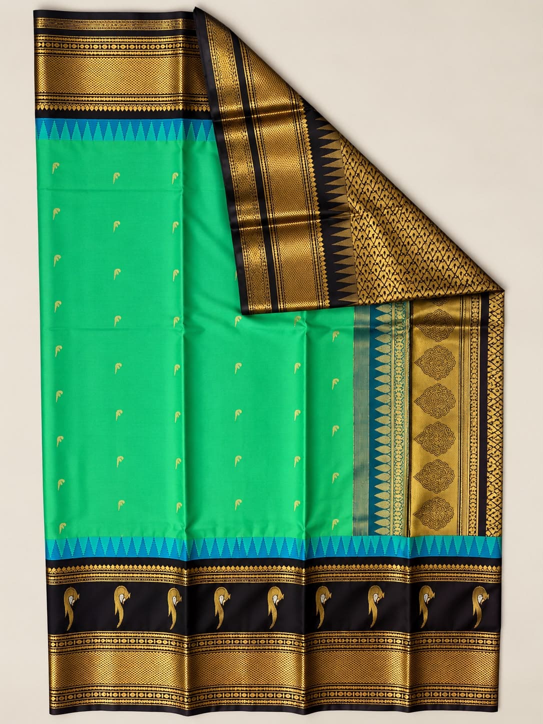 Blue semi Gadwal saree - Polyster Silk • Handloom Pit Loom / Kadwa